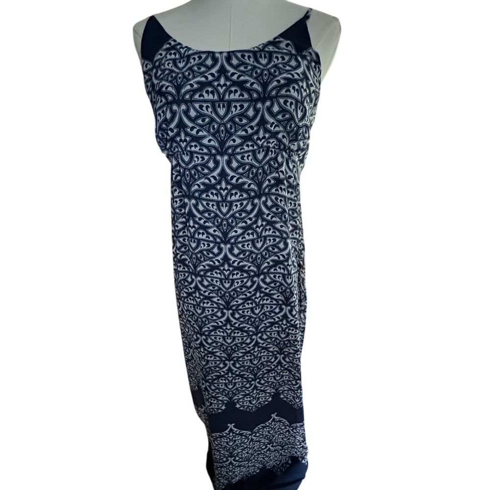 ANA Navy Blue White Damask Print Maxi Dress Adjustable Straps Sleeveless Lined